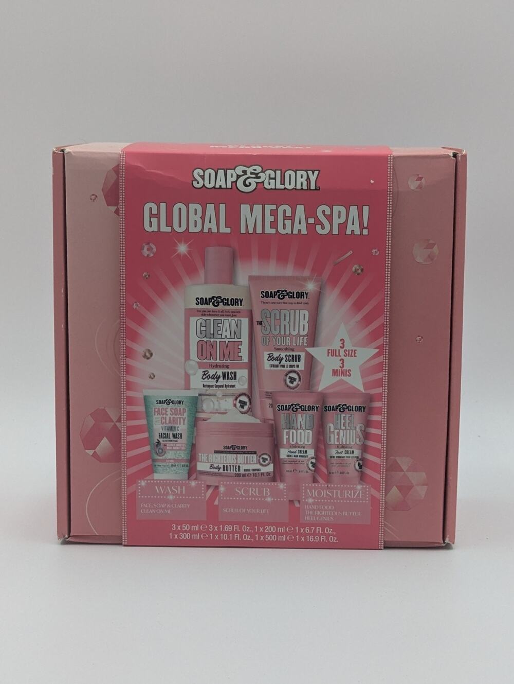 6pc Soap & Glory Global Mega Spa Set 3 Full Size 3 Minis Wash Moisturizer Scrub